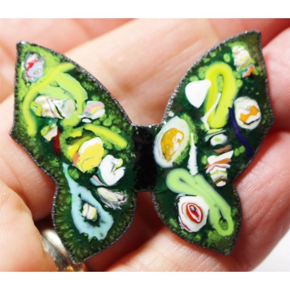 Beautiful Vintage 1960's Enamel Butterfly green with swirl on cooper brooch enamel pin