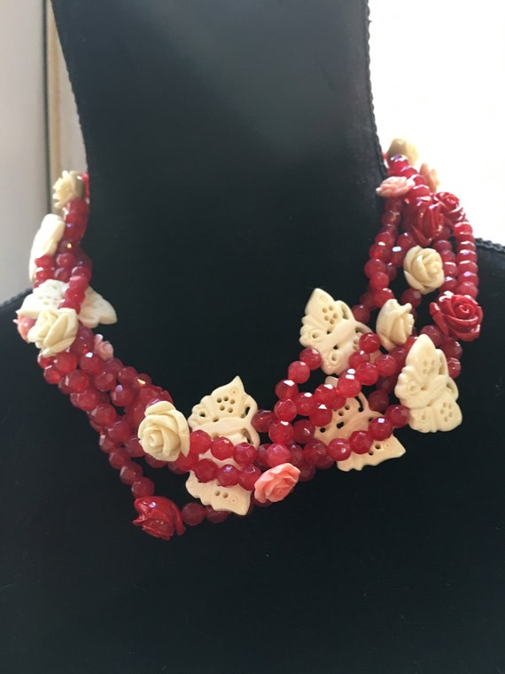 Vintage Boho Statement Necklace, Carved Red Agate Roses & White Bone Butterflies with a Jade Clasp, Multi Strand Choker
