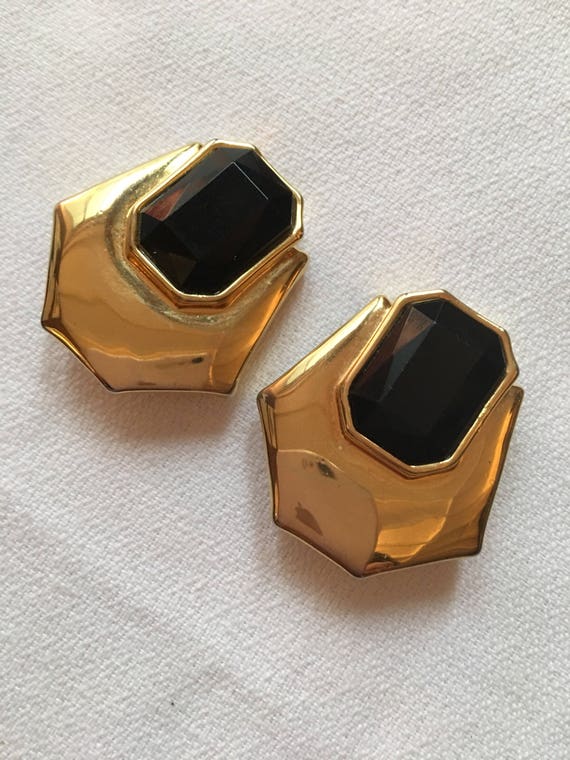 Ab Fab Gold & Black Gem Rhinestone Chunky Clip On Runway Statement Earrings, Awesome 80s Glamour Jewelry