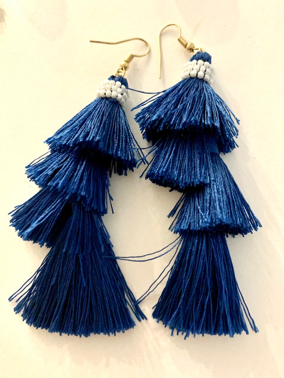 Blue Silky Tassel Earrings, Flapper Faux Pearl beaded 3 Tier Fringy Navy Classic Sexy Shoulder Duster Runway Earrings