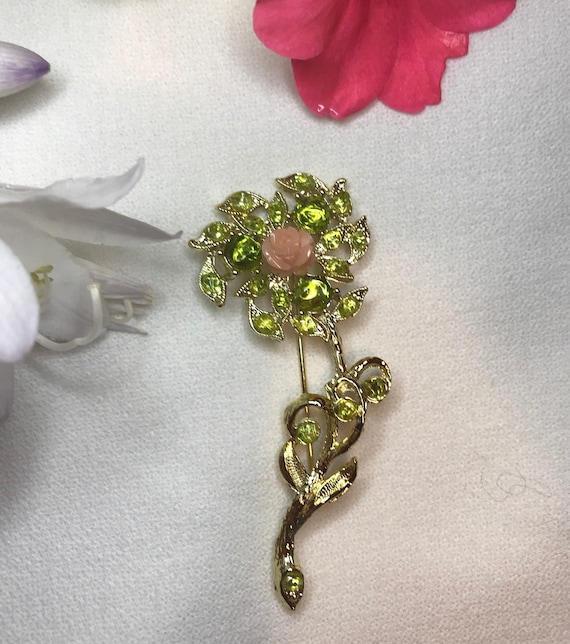 A Dainty Pale Pink Rose with Light Lime Green Rhinetone Leaves Pretty Hollywood Regency Brooch Romantic Gift Pin