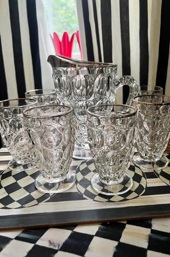 Vintage Jeannette Glass Thumbprint Juice Set with Gold Trim | 7-Piece MCM Hostess Set