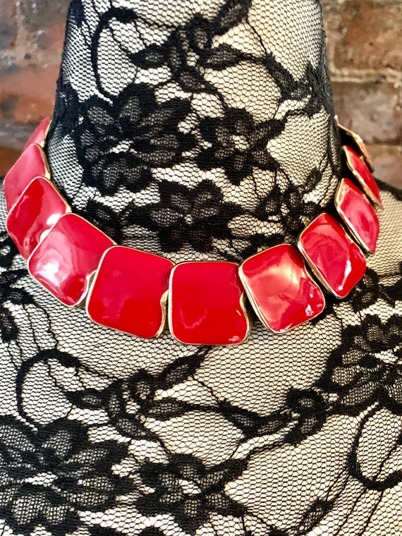 Cherry Red Enamel Modernist Choker Collar Necklac… - image 9