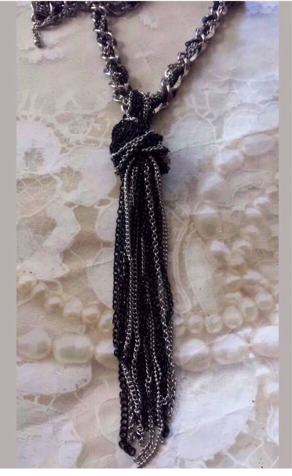 Vintage Black & Silvertone Chain Swanky Choker Tassel Necklace, Multi Chain Statement Necklace