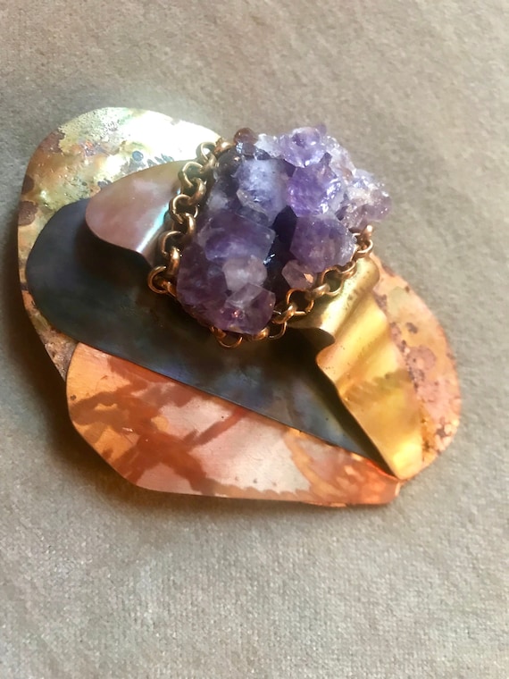 80s Glam Modern Art Purple Geode Statement Brooch, Artisan Copper Jewelry, Tuxedo or Gown, Vintage Southwestern lapel pin