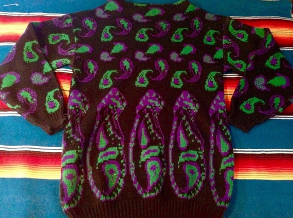 Vintage CRAYONS black purple & green paisley knit… - image 3