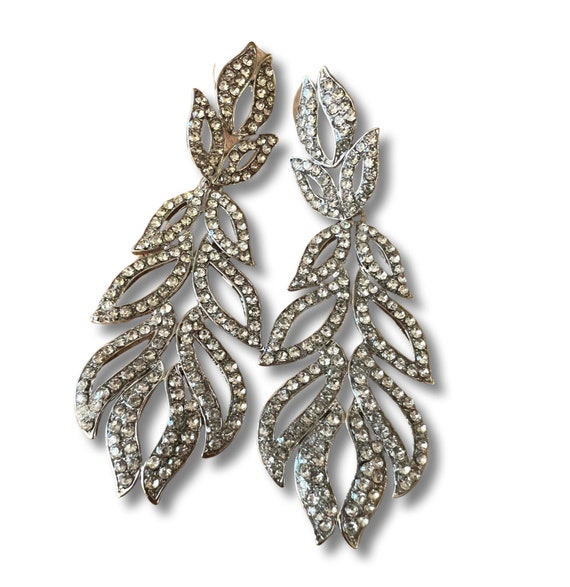 Elegant Ice Rhinestone Dangles, Art Deco Revival Openwork Feather Statement Earrings, late 90s Glam Y2K glamour jewelry