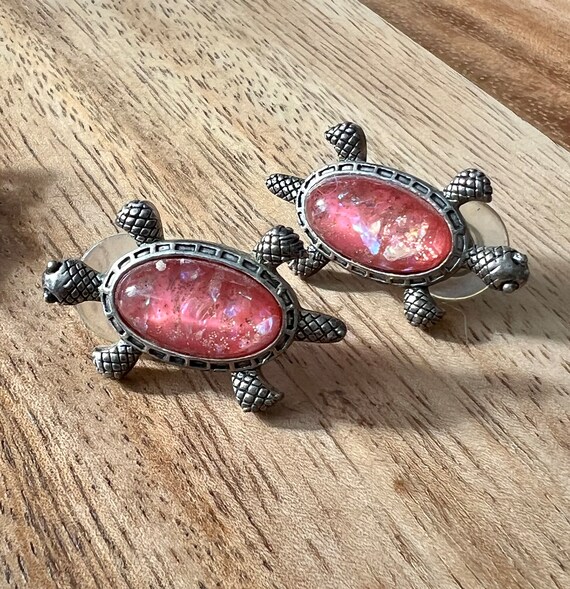 Auspicious Turtle Earrings with Opalescent Pink Cabochon Jelly Belly Shells & Matte Silver tone Body Celtic Details, Vintage Studs