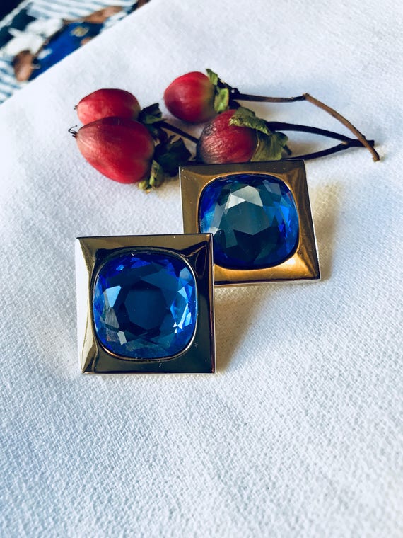 Vintage 80s Cobalt Blue Cut Glass Gem Statement Earrings, glam