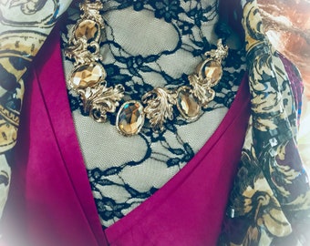 Vintage Topaz Rhinestone Statement Necklace, Golden Leaf Detail