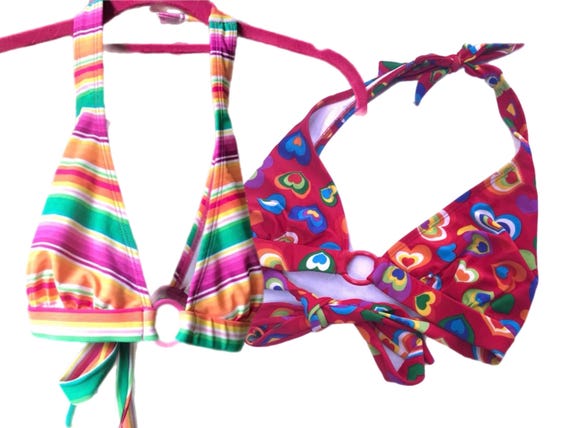 Y2K Shoshanna Triangle Bikini Top 2001 Premiere Rainbow Stripes Hearts Designer Vintage Swimwear Collector Edition