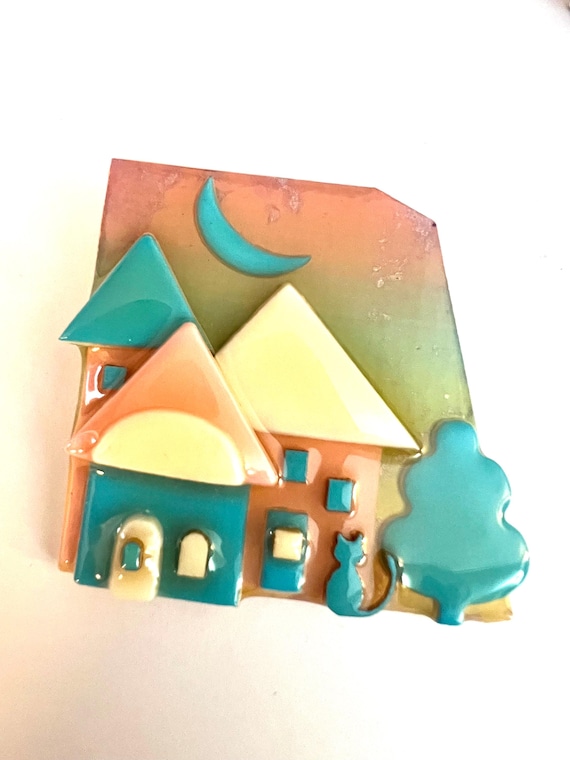 Vintage Lucindas House Brooch, 80s Post Modernist Pin, Made in Maine