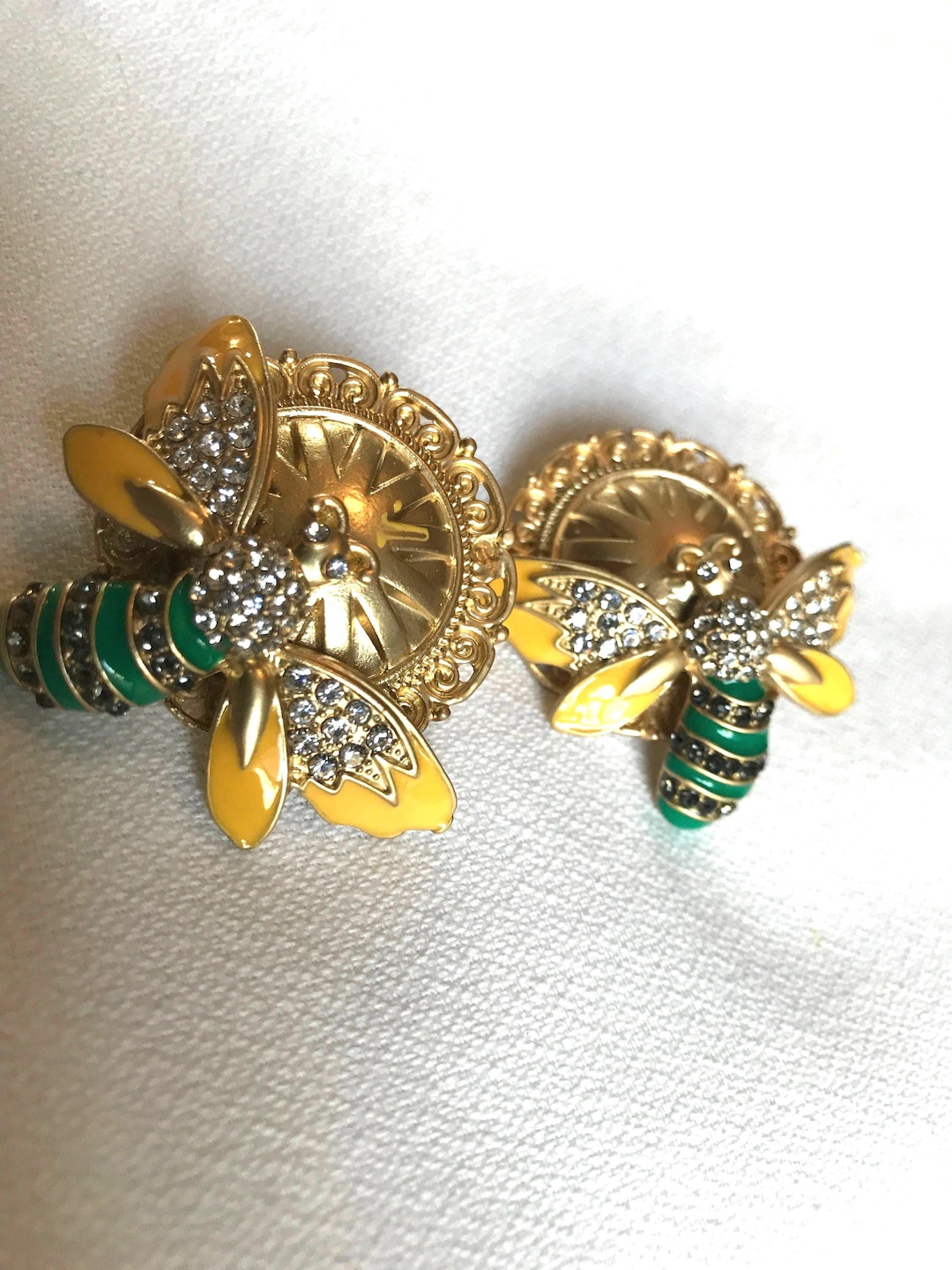 Trendy Enamel Bees on Matte Goldtone Medallions Statement Earrings ...