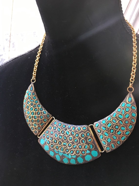 Beautiful Vintage Brass & Turquoise Bibbed Choker… - image 8