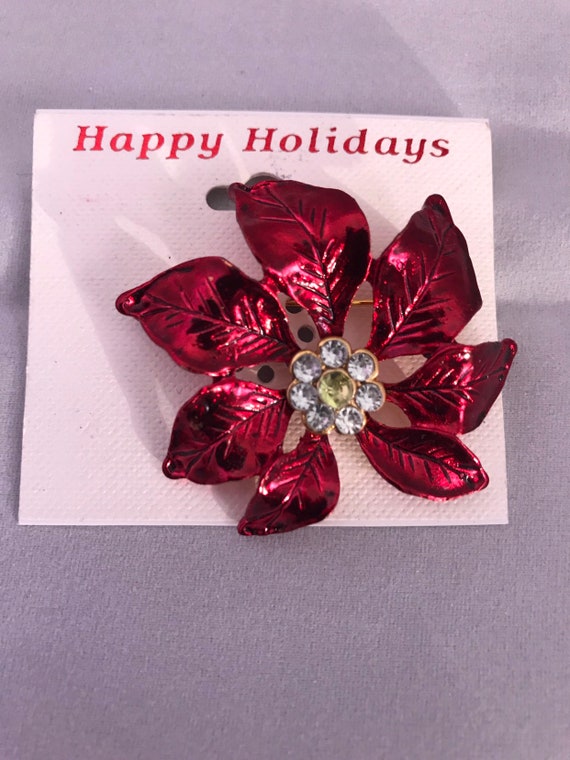 Metalic Red Poinsetta Flower Rhinestone Unisex Holiday Lapel Pin