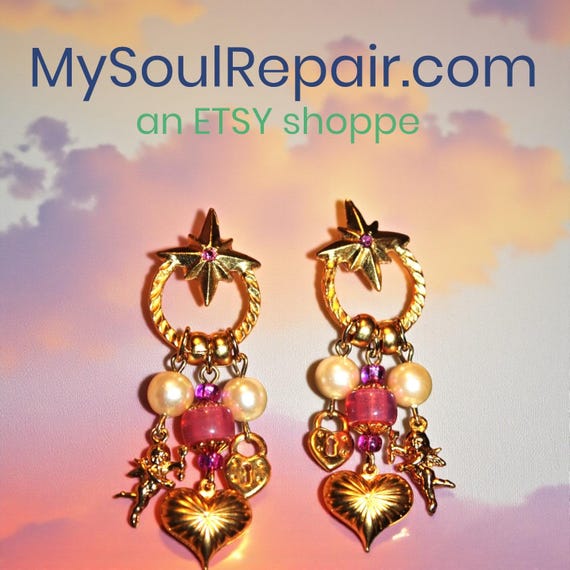 Y2K Romantic Celestial Chandelier Earrings: Matte Gold Charms, Pink Pearl Beads, Cupid Hearts and Stars