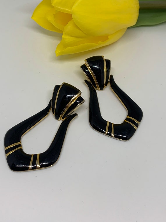 Black Enamel on Goldtone Door Knocker Statement Earrings, Classic Vintage 70s Costume Jewelry, Stylish and Signed with original backs