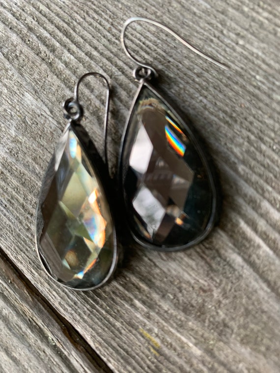 Sultry Statement Earrings, Smokey Lucite Teardrops, Faceted Cyrstal Gems in Gunmetal Dangles