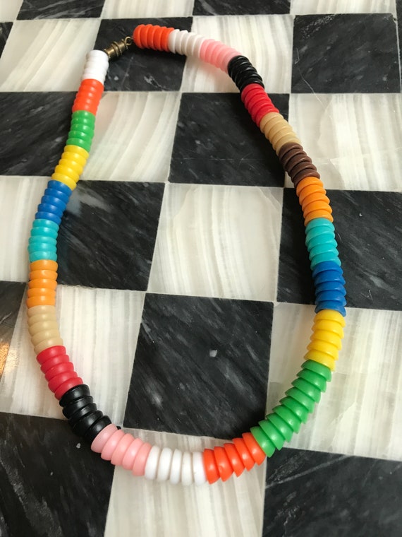 Sensational Mid Century Color School or Eames Style Color Blocked Vintage Modernist Plastic Beaded Choker Collar Necklace