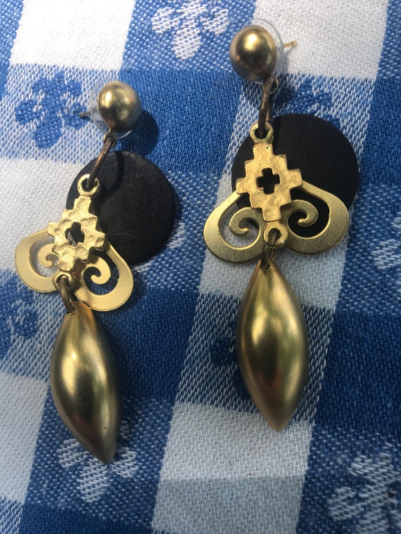 Matte Gold & Black Runway BOHO Southwestern 80s/90s Bling HEART Dangle and Drop EARRINGS