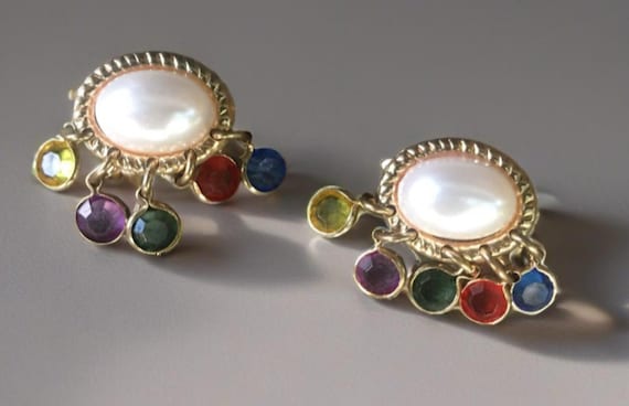 Amazing Vintage Faux Pearl Earrings with Rainbow Crystal Chandelier Dangles