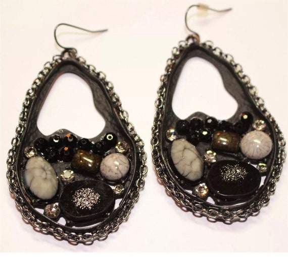 Black Post Modernist Industrial Mixed Media Collage Massive Teardrop Statement Earrings