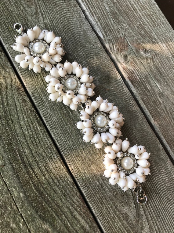 Vintage White Milk Glass Flower Link Bracelet of Dainty beaded Crystal Floral Clusters with Sparkly Rhinestones and Faux Pearl Centers
