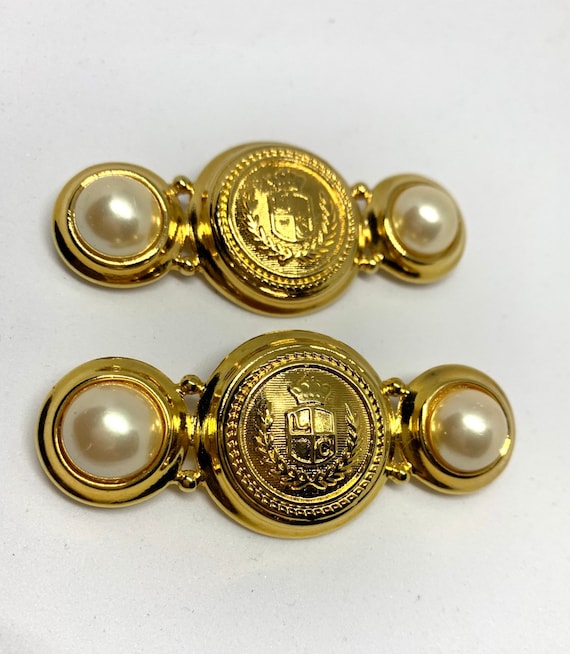 A Matching Pair of Near Mint Vintage Gawdy Glam Pearl & Goldtone Majestic Regal Military Style Bar Lapel Pins, So Rad! signed too!