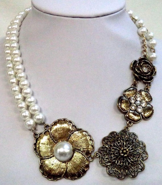 Faux Pearl Floral Statement Necklace featuring Lovely Goldtone Magnolia Flowers and Rhinestone gems