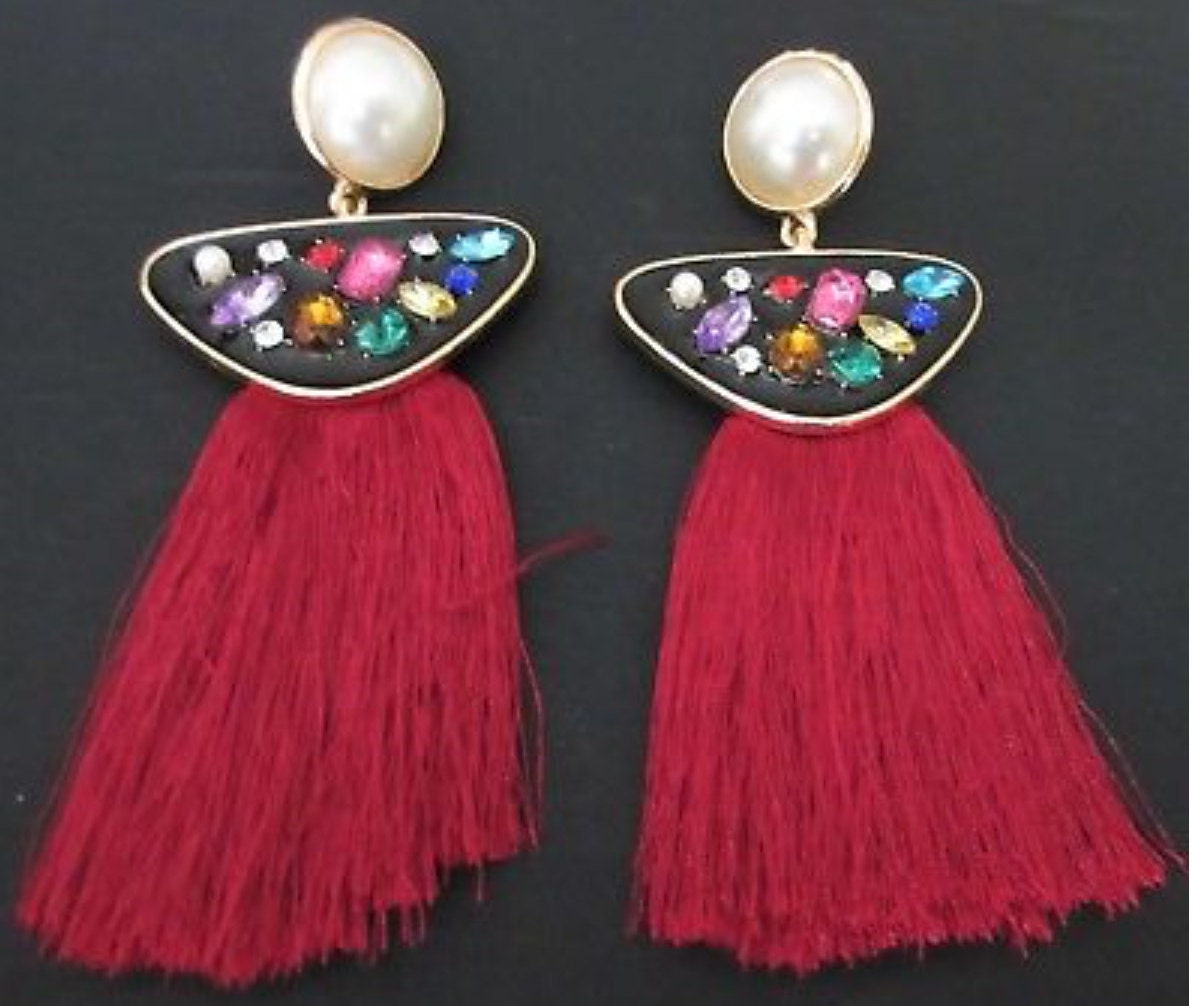 BIG BOLD Silky Red Tasseled Enamel & Rainbow Gem Dangle Tassel Earrings ...