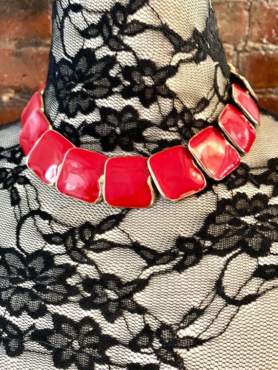 Cherry Red Enamel Modernist Choker Collar Necklac… - image 7