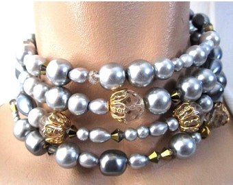 GAY ISBER Stunning Swarovski Crystal Gray Pearl Choker Necklace