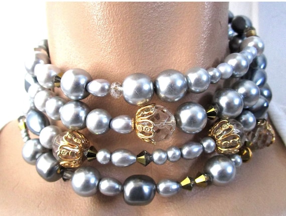 GAY ISBER Stunning Swarovski Crystal Gray Pearl Choker Necklace