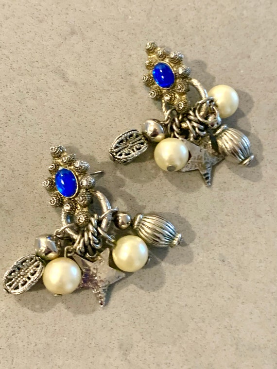 Vintage Edwardian Revival Gypsy Glam Statement Earrings, Royal Blue Cabochons posts With ornate Fringy Charms Stars and Pearl  Dangles