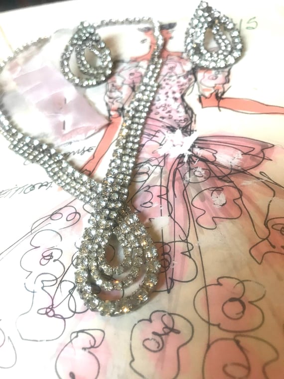 Dramatic Art Deco Sparkling Modernist Triple Strand Dangling Teardrop Choker Statement Necklace & matching Swingy Dangles