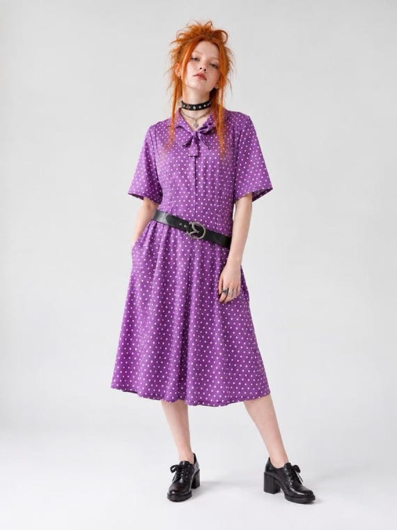 Vintage Purple Polka Dot Pussy Bow Dress, Roomy Fit