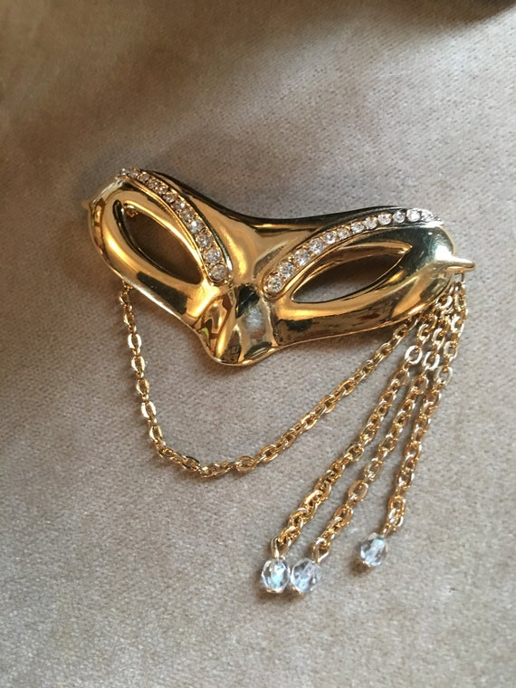 Gold and Crystal Masquerade Mask Dangle Lapel Pin Glamorous Rhinestone Brooch by Lady Remmington