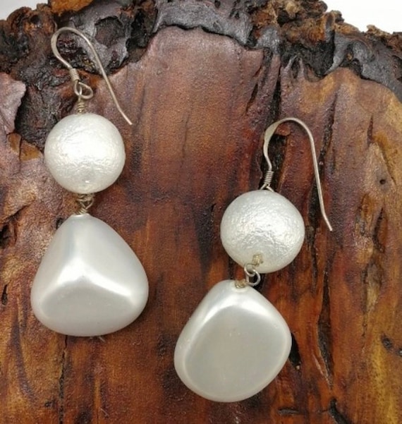 Big Chunky Baroque Pearl & 925 Silver Dangle Earrings