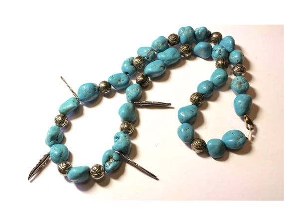 Turquoise Stone with Rose & Feather Silver Beads  Southwestern Necklace, Sassy 80s Glam Boho Gypsy Cowgirl Vintage Necklace