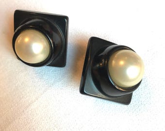 80s Vintage Black Lucite Earrings: Faux Pearl Deco Clip-Ons