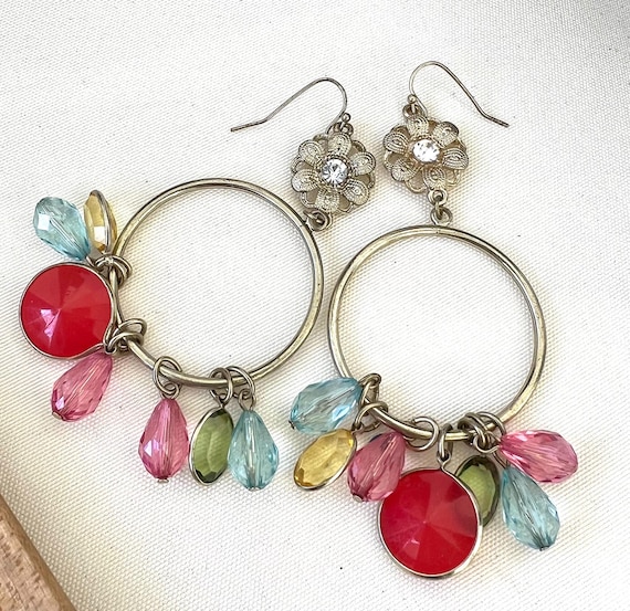 Y2K Flower Hoops With Rainbow Gem Dangles, late 90s Glam 2000 free spirited glamour jewelry, vintage earrings