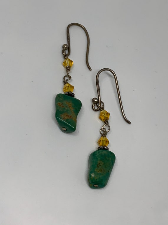 Mid Century Green Polished Stone & Silver 925 Dangle Earrings with yellow crystal bead accents