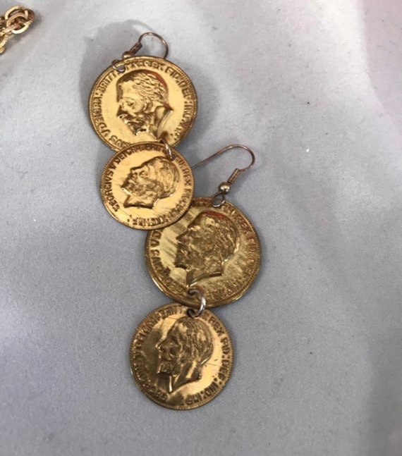 Vintage Faux French Gold Coins Shiny Dangle Earrings - pot of gold at the end of the rainbow - st Patricks day