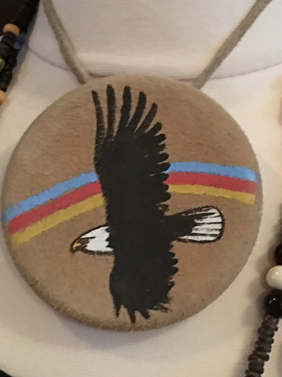 Southwestern Eagle Soaring Choker, Large Native American HandPainted Suede Statement Necklace, Vintage