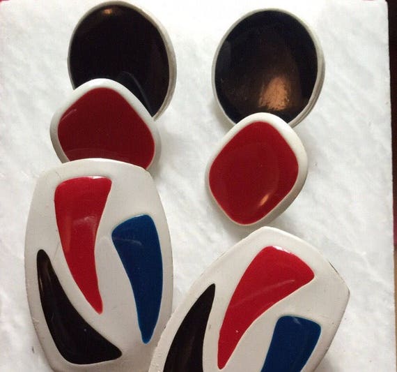 Set of Red White and Blue Nautical Enamel on Pressed Metal Post Earrings, Mid Century Jewelry