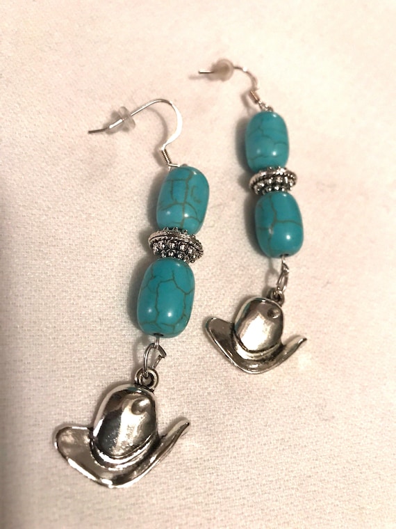 Vintage Cowboy Hat Dangle Earrings: Boho Faux Turquoise Rodeo Jewelry
