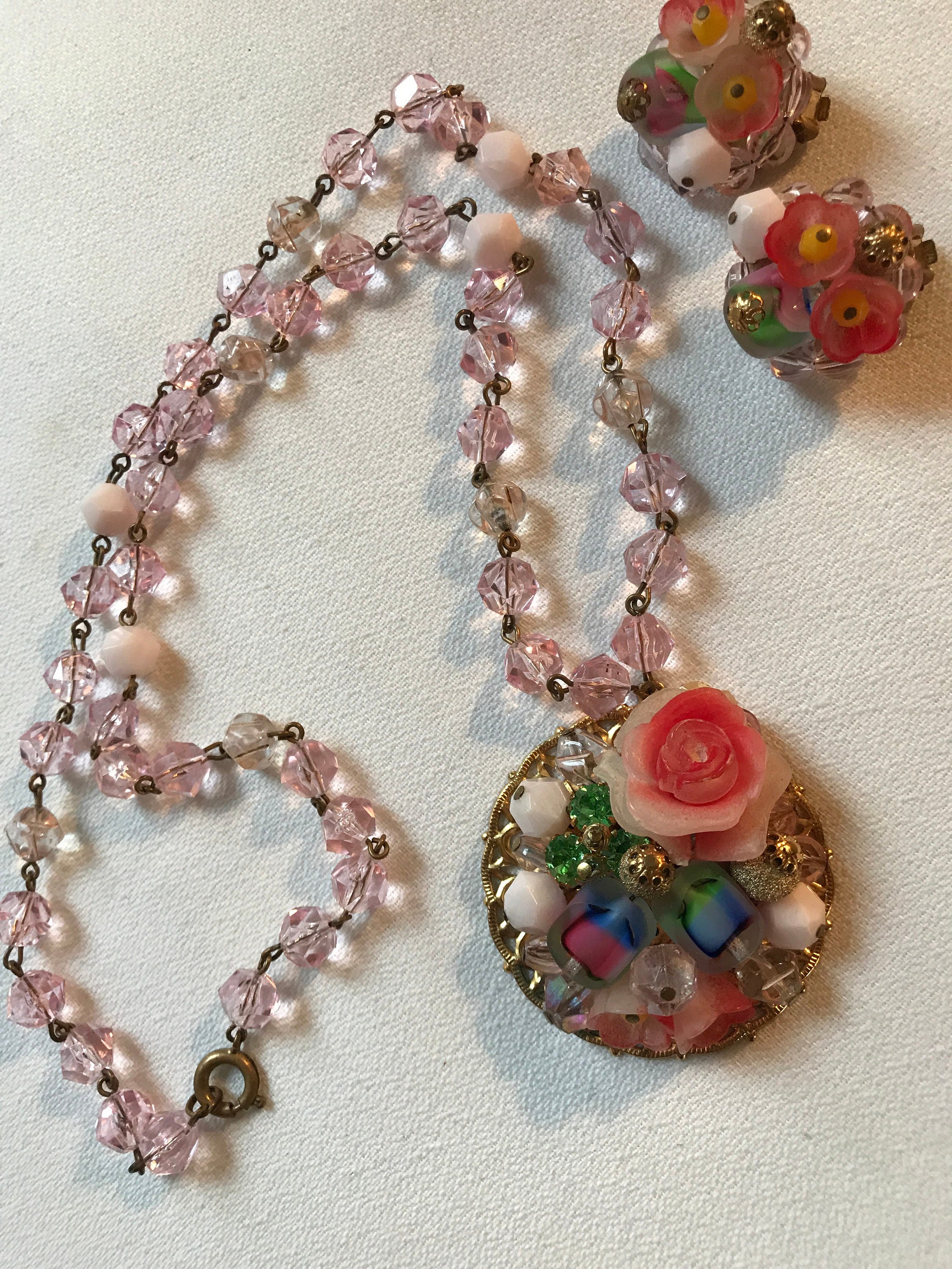 Download Vintage West German Necklace Set in the Miriam Haskell Style Pretty Pink Floral Necklace ...
