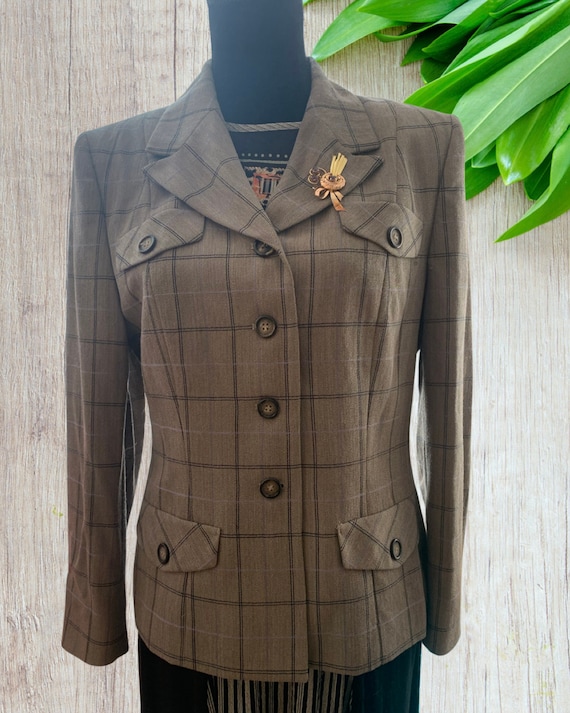 Vintage Pendleton Plaid Jacket, Classic Taupe With Navy and Sky Blue Button Front Fitted Blazer, 80s Bladerunner chic, Mint Condition