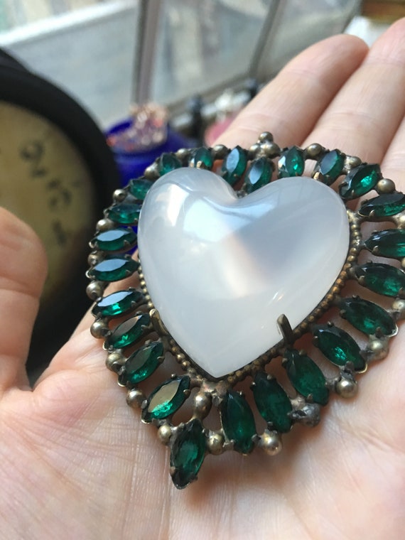 Opalescent Glowing Puffy Heart Emerald Rhinestone Unisex Lapel Pin, Signed Vintage Glamour Wedding Commitment Jewelry, gift for sweetheart