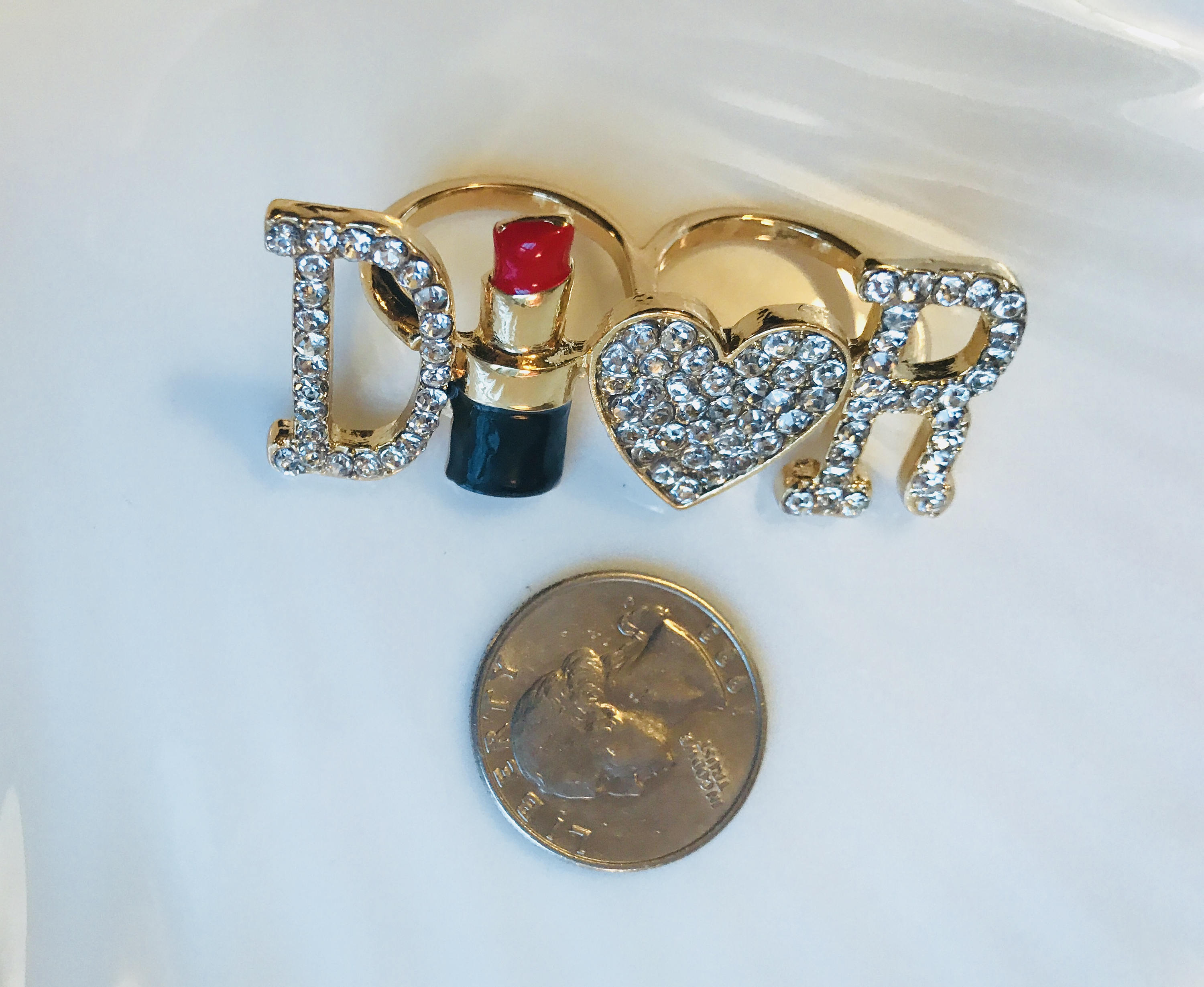 Rhinestone & Enamel Two Finger Dior Lipstick Glamour Promo Ring
